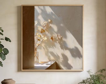 Pintura al óleo de flores secas en una ventana iluminada por el sol, arte mural botánico texturizado con luz cálida y sombras, decoración neutra para el hogar estilo Wabi-Sabi.