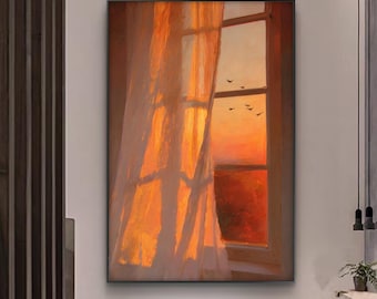 Gran cuadro al óleo pintado a mano, Luz de atardecer, sombra, cielo naranja, pájaros, arte de pared