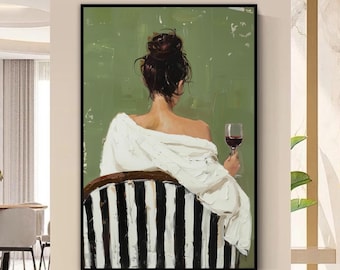 Cuadro al óleo pintado a mano, La mujer con vino, Figura femenina con textura de empaste, Decoración de pared figurativa bohemia moderna