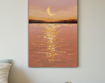 Cuadro con textura de impasto que evoca un paisaje marino iluminado por la luna, decoración de pared costera en tonos neutros cálidos, lienzo moderno de estilo bohemio para el hogar.