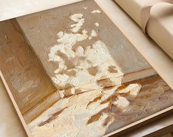 Impasto Sunlight Corner Still Life Oil Painting, Textured Warm Neutral Wabi-Sabi Wall Art, Modern Home Decor