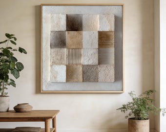 Decorazione murale 3D in gesso con griglia a scacchiera multi-texture, stile Wabi-Sabi Japandi nei toni della terra, pittura moderna e minimalista per la casa.