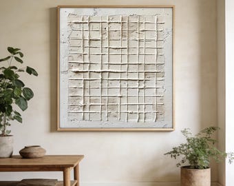 Arte astratta con griglia testurizzata in gesso 3D, decorazione murale neutra in stile Wabi-Sabi, pittura moderna e minimalista per la casa.