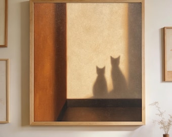Cuadro al óleo de gato pintado a mano, arte mural con luces y sombras sutiles, lienzo para una decoración acogedora del hogar.