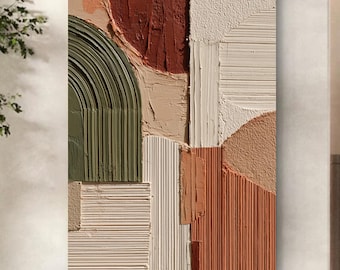 Dipinto ad olio astratto con texture 3D, arte murale geometrica in terracotta verde, arredamento per la casa in stile Wabi-Sabi