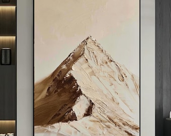 Pintura al óleo de montaña beige con textura 3D, arte mural minimalista de paisaje neutro, decoración del hogar estilo Wabi-Sabi.