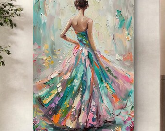 Textured Ballerina in a Rainbow Gown Painting, Vibrant Floral Ballet Wall Art, Romantic Bedroom Decor