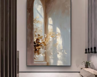Cuadro botánico vintage con luz dorada del sol en una ventana, arte mural neutro con textura melancólica, decoración para el hogar Wabi-Sabi Japandi