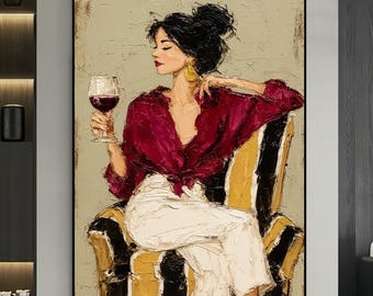 Elegant Woman With Red Wine Impasto Oil Painting, Burgundy Shirt Fashion Lady Wall Art, Warm Neutral Vintage Feminine Home Wall Decor