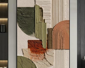 Peinture à l'huile abstraite peinte à la main, art abstrait texturé vert olive en terre cuite, toile aux tons terreux neutres, décoration d'intérieur minimaliste
