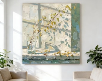 Bodegón de ramas de ventana de verano fresco, pintura al óleo con técnica impasto, jarrón de cristal, arte mural con sombra de hojas de otoño, decoración refrescante de dormitorio estilo Wabi Sabi