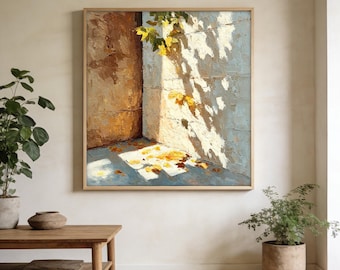 Impasto zonovergoten herfst hoek stilleven olieverfschilderij, getextureerde warme neutrale Wabi-Sabi muurkunst, moderne botanische woondecoratie