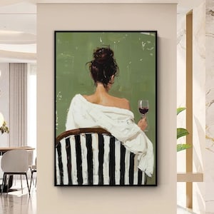 Ręcznie malowany obraz olejny, Kobieta z winem, Teksturowana postać kobieca w technice impasto, Nowoczesna dekoracja ścienna w stylu boho