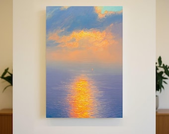 Impasto Sunset Ocean Seascape Oil Painting, Textured Coastal Wall Art, Modern Boho Neutral Home Decor