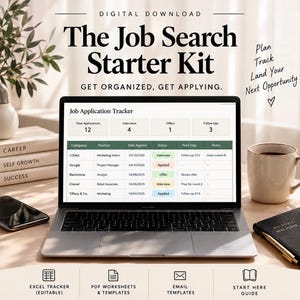 May include: A digital job search starter kit displayed on a laptop screen, featuring a job application tracker with columns for company, position, date applied, status, next step, and notes. The screen shows data for companies like L'Oreal and Google.