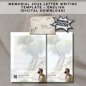May include: A digital download template for memorial letter writing. The design includes lined paper, an envelope, and a background image of a tree and a man. The text reads "Memorial 2026 Letter Writing Template - English (Digital Download)".