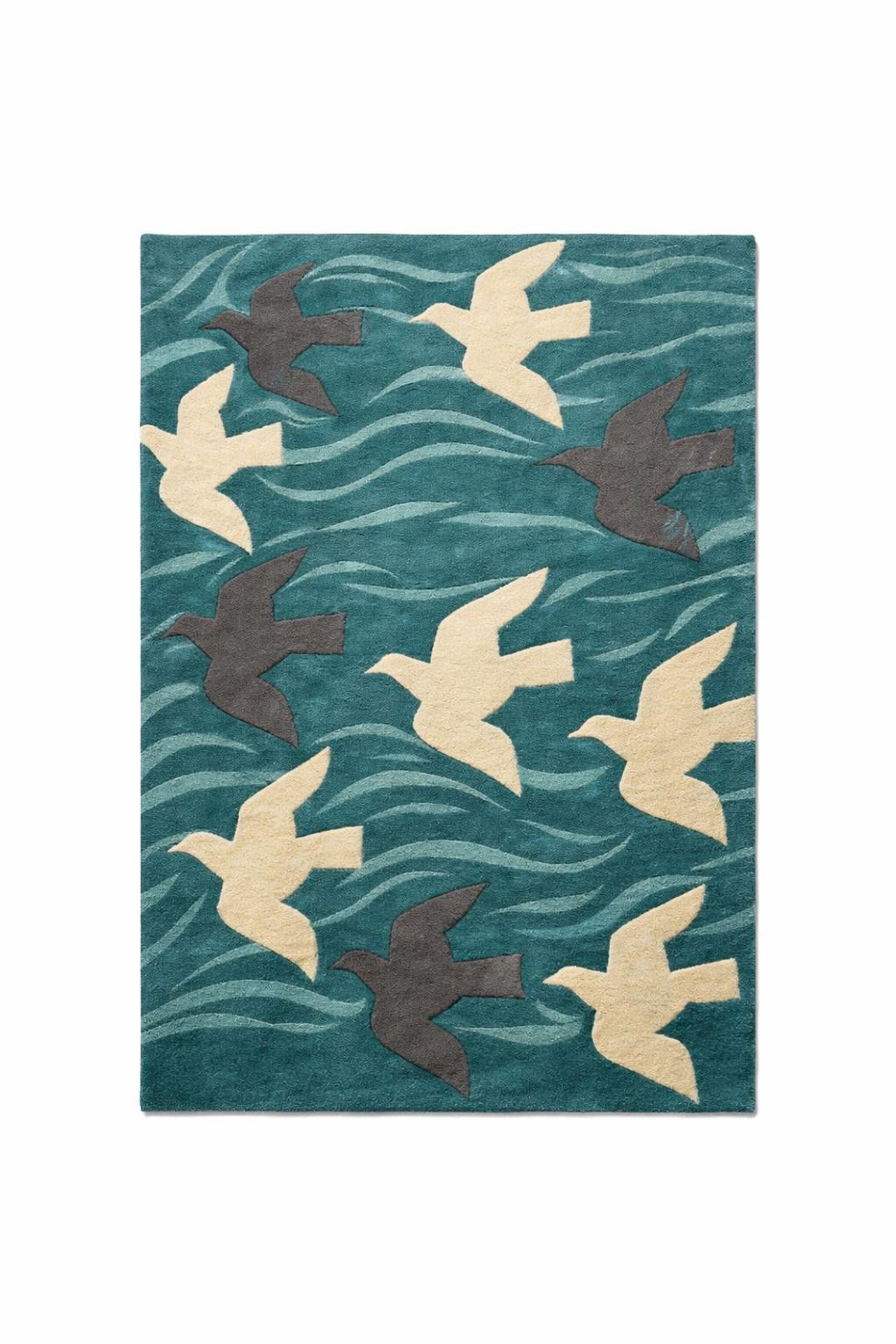 Hand Tufted Modern Bird Pattern Area Rug Teal Ocean Wave Design Carpet ...