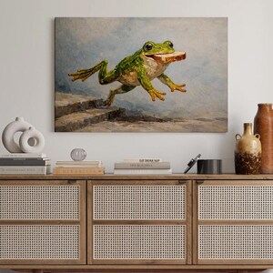 Frog With Bread Oil Painting Canvas Art, Whimsical Animal Wall Print, Kitchen Decor