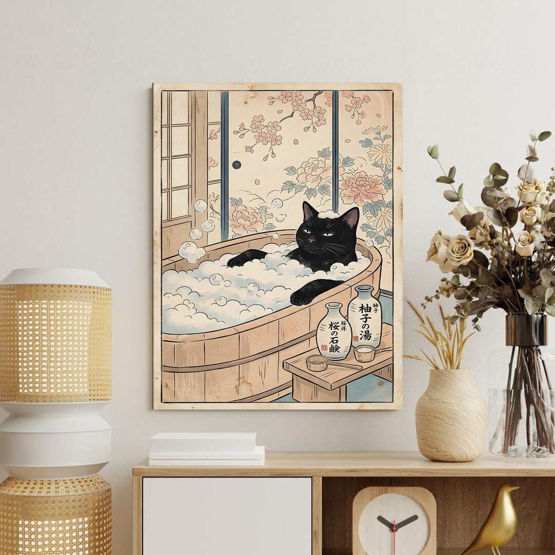 Japanese Black Cat Onsen Bath Print, Zen Sakura Bathroom Wall Art - Etsy