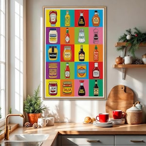 May include: A framed pop art print displaying a grid of colorful squares, each with a different condiment bottle or jar. Includes ketchup, olive oil, soy sauce, maple syrup, mayonnaise, mustard, honey, peanut butter, jam, and salsa.
