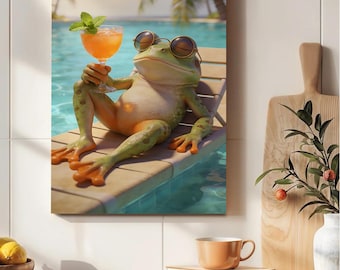 Funny Frog Pool Print, Tropical Animal Poster for Bathroom or Summer Decor