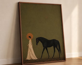 Vintage Reiter Kunstdruck, Frau führt schwarzes Pferd Poster Druck, Olivgrün Dunkel Academia Wandkunst für Rustikale Schlafzimmer Wohnkultur