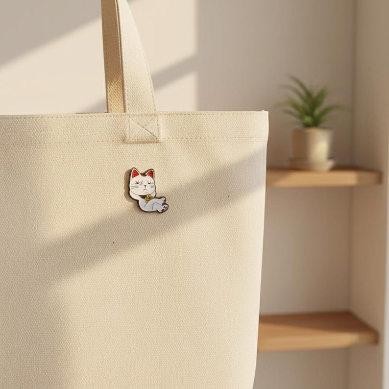 Op de afbeelding: Een wit en rode Maneki-neko kat emaille pin, met een gouden kraag, is bevestigd aan een beige draagtas. De pin toont een ontspannen kat, een symbool van geluk en voorspoed.