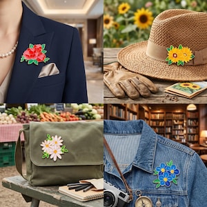 Op de afbeelding: Een collage van vier afbeeldingen met bloemenbroches. E&eacute;n afbeelding toont een rode bloemenbroche op een marineblauwe blazer. Een andere toont een gele zonnebloembroche op een strohoed. Een derde toont een witte madeliefjesbroche op een groene messenger bag. De laatste toont een blauwe bloemenbroche op een spijkerjasje.