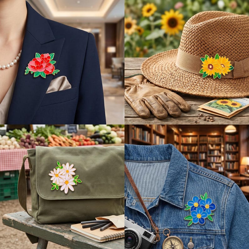 Op de afbeelding: Een collage van vier afbeeldingen met bloemenbroches. E&eacute;n afbeelding toont een rode bloemenbroche op een marineblauwe blazer. Een andere toont een gele zonnebloembroche op een strohoed. Een derde toont een witte madeliefjesbroche op een groene messenger bag. De laatste toont een blauwe bloemenbroche op een spijkerjasje.