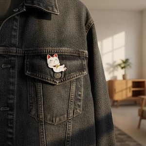 Op de afbeelding: Een donkergrijze spijkerjas met een witte kattenpin. De pin toont een cartoonkat met rode accenten en een gouden kraag. De jas heeft een borstzak.