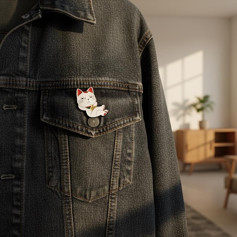 Op de afbeelding: Een donkergrijze spijkerjas met een witte kattenpin. De pin toont een cartoonkat met rode accenten en een gouden kraag. De jas heeft een borstzak.