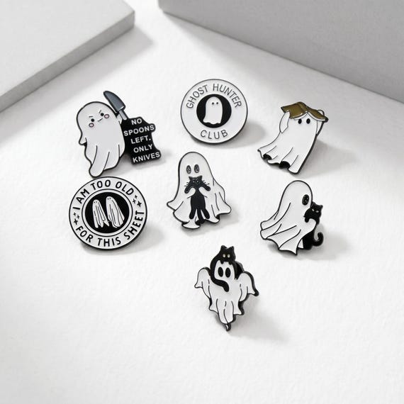 Ghost Enamel Pin Set, Cute Spooky Halloween Brooch Collection, Black White Ghost Cat Funny Quote Pins for Jackets Bags Gift