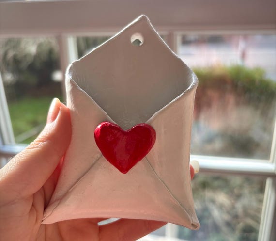 Handmade Clay Envelope Wall Pocket, Heart Detail, Neutral Cottage Decor