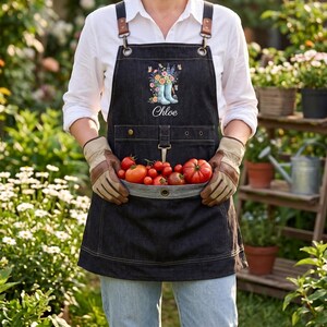 Personalized Harvest Apron, Custom Gathering Apron with Large Pouch, Denim Foraging Apron, Gardening Gift for Her, Garden Work Apron Women