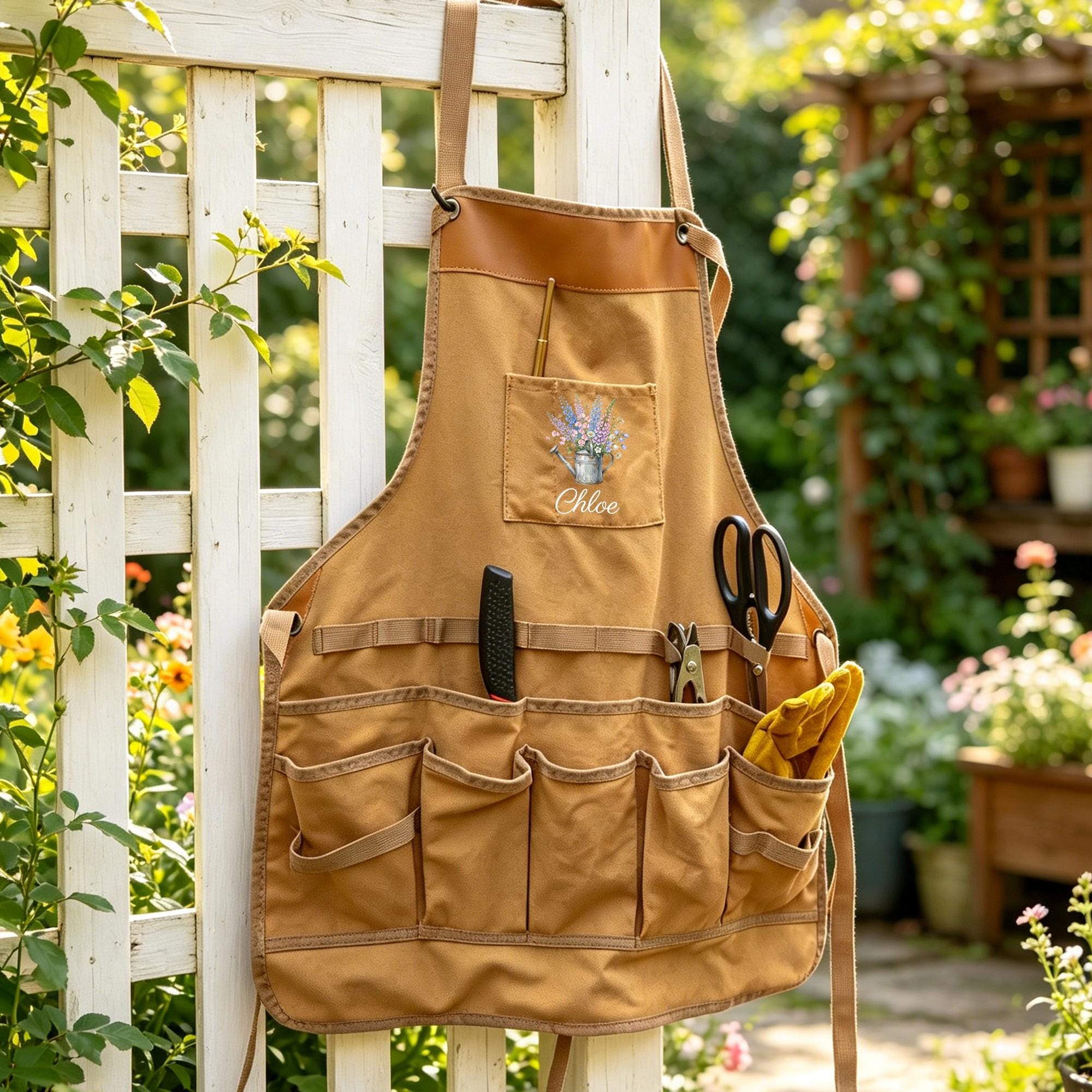 Personalized Gardening Apron With Tool Pockets, Floral Watering