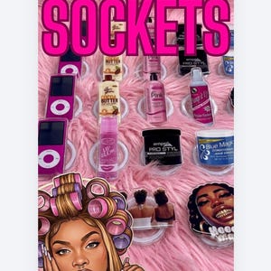 May include: A display of beauty products and accessories, including pink iPods, hair care items, and lip gloss, arranged on a pink fluffy surface. The image features the text "POP SOCKETS" in pink, and a graphic of a woman with the text "HOOCHIE CREATIONS".