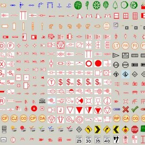 Könnte beinhalten: Eine Ansammlung verschiedener Symbole und Icons in Rot, Schwarz und Blau, angeordnet auf grauem Hintergrund. Die Icons umfassen geometrische Formen, Währungssymbole und Verkehrsschilder. Das Bild ist eine visuelle Referenz für Designelemente.