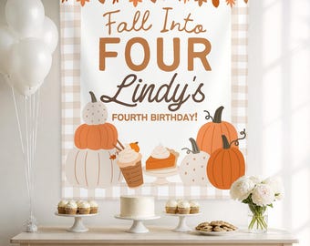 Fall Into Four Pumpkin Birthday Banner | Personalized Any Age Wall Tapestry | Autumn Party Photo Backdrop