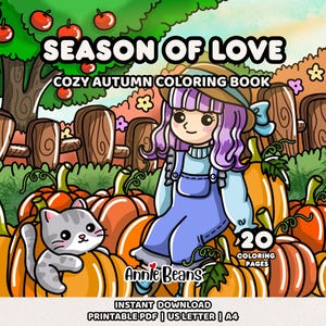 Puede incluir: Una portada de libro para colorear digital titulada SEASON OF LOVE COZY AUTUMN COLORING BOOK con un personaje de pelo morado con peto azul sentado entre calabazas naranjas y un gato gris. Incluye 20 páginas para colorear de Annie Beans.