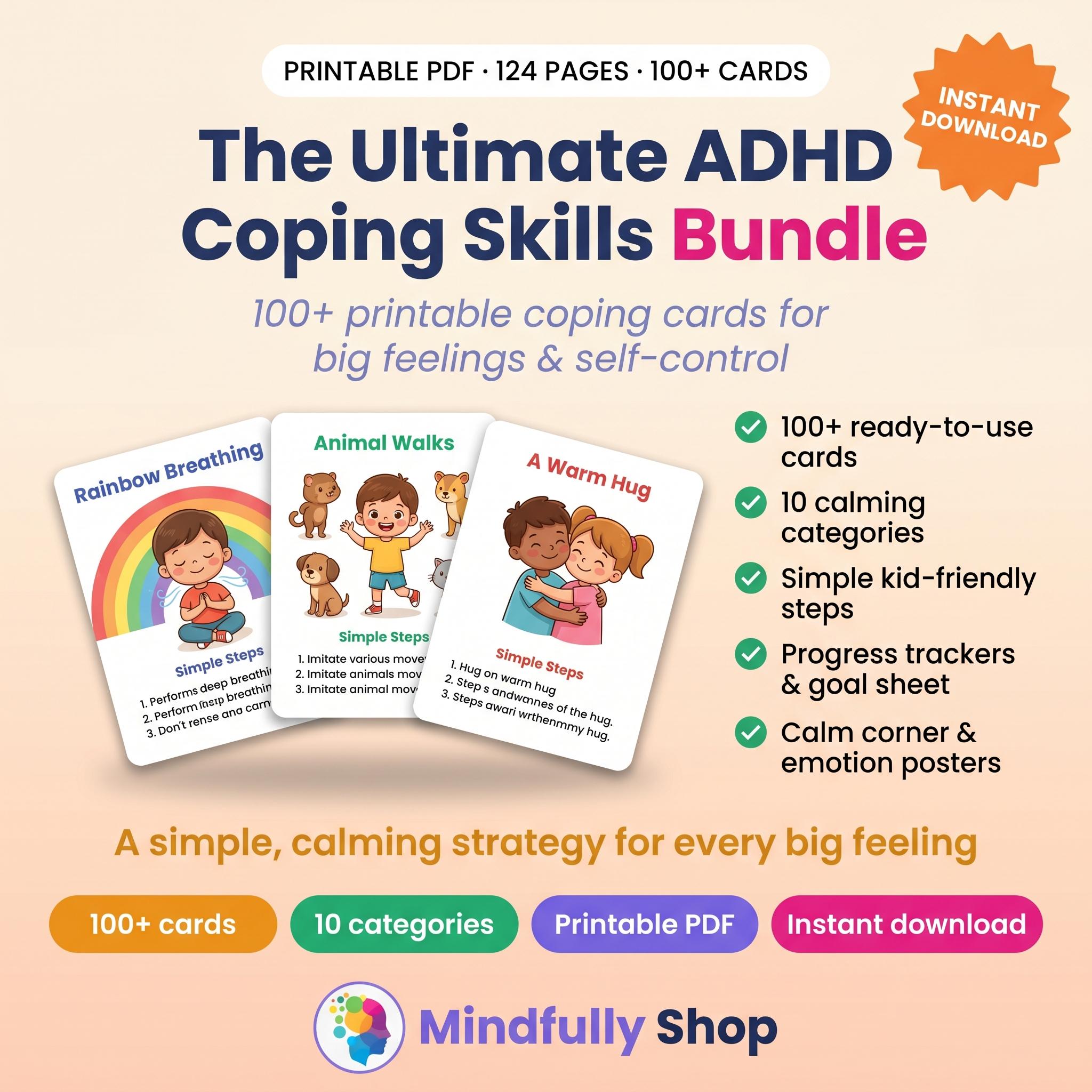 ADHD Coping Skills Cards for Kids Printable Calm Down Corner Emotional ...