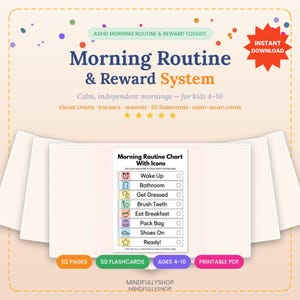 Puede incluir: Un kit digital de rutina matutina y sistema de recompensas para niños de 4 a 10 años. El gráfico presenta una tabla central con iconos y texto para tareas como despertar, baño, vestirse, cepillarse los dientes y desayunar.