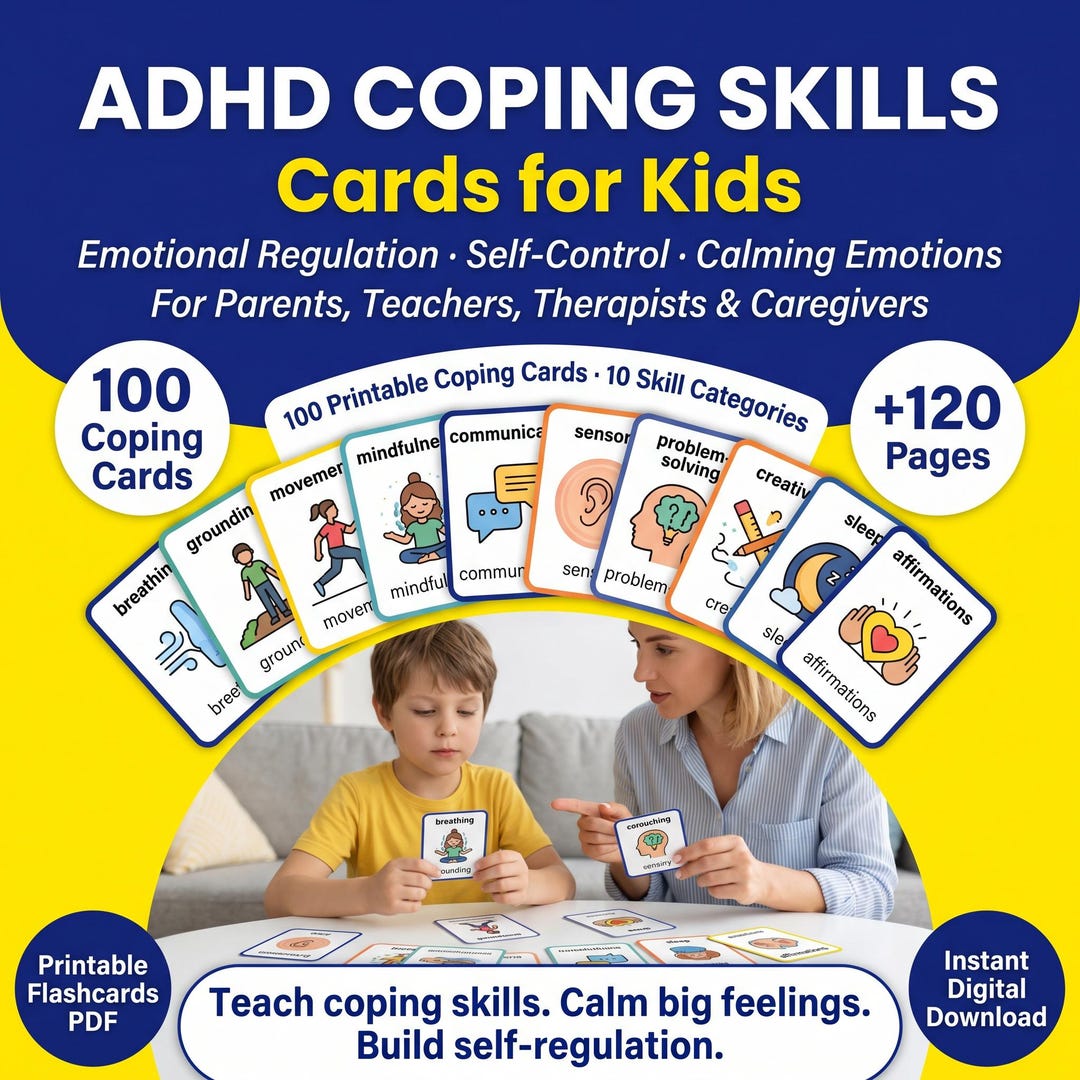 ADHD Coping Skills Flashcards for Kids, 100 Cards Emotional Regulation ...