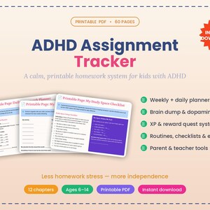 ADHD Assignment Tracker Printable Homework Planner for Kids with XP Rewards