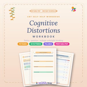 Cuaderno de ejercicios sobre distorsiones cognitivas / Material imprimible de TCC para la ansiedad y el exceso de pensamiento / Hojas de ejercicios para la reestructuración del pensamiento / Diario de pensamientos negativos en PDF