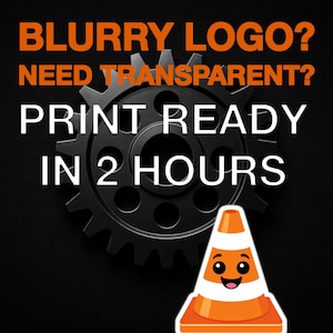 Puede incluir: Imagen con texto: "BLURRY LOGO? NEED TRANSPARENT? PRINT READY IN 2 HOURS." Un cono de tráfico de dibujos animados con una cara sonriente está en la parte inferior. Un engranaje negro está en el fondo. El fondo es negro.