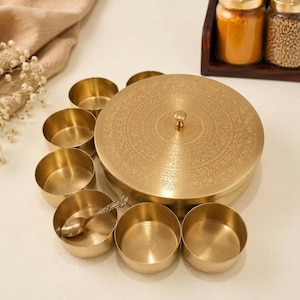Handmade Brass Masala Box with 7 Spice Containers | Traditional Indian Spice Storage Organizer | Kitchen & Housewarming Gift