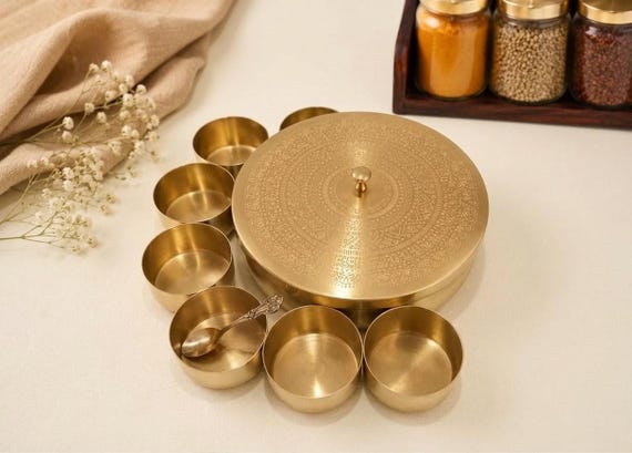 Handmade Brass Masala Box with 7 Spice Containers | Traditional Indian Spice Storage Organizer | Kitchen & Housewarming Gift