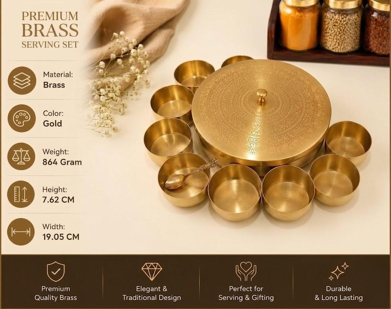 Handmade Brass Masala Box with 7 Spice Containers | Traditional Indian Spice Storage Organizer | Kitchen & Housewarming Gift