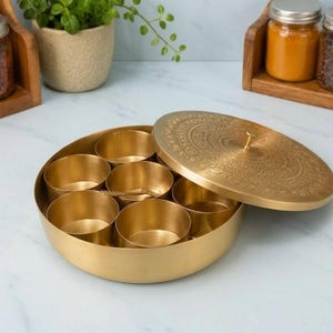 Handmade Brass Masala Box with 7 Spice Containers | Traditional Indian Spice Storage Organizer | Kitchen & Housewarming Gift