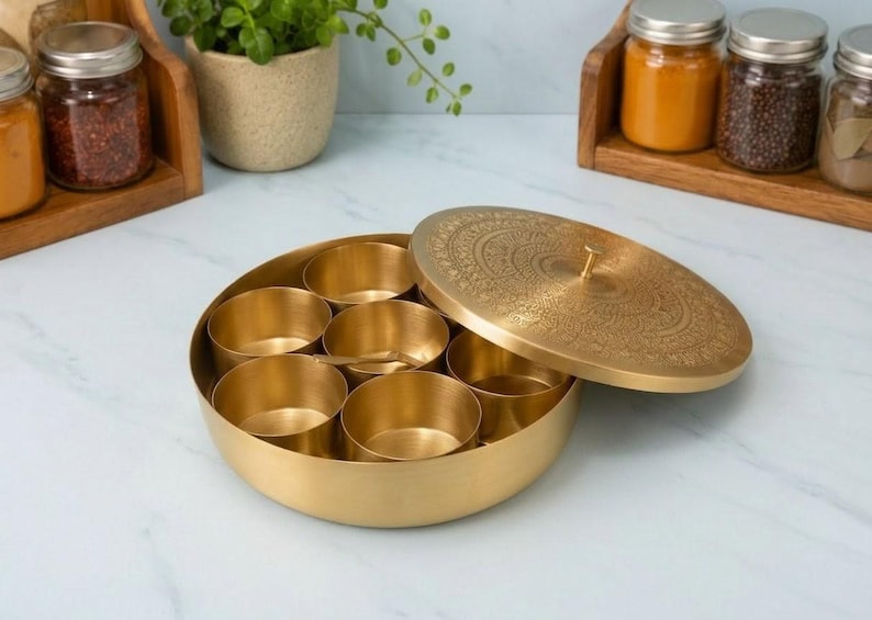 Handmade Brass Masala Box with 7 Spice Containers | Traditional Indian Spice Storage Organizer | Kitchen & Housewarming Gift